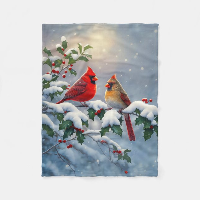 Couverture Polaire Cardinaux rouges et Holly en neige (Devant)