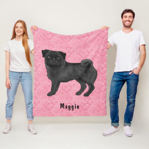 Couverture Polaire Carlin noir Mops et coeurs roses avec nom