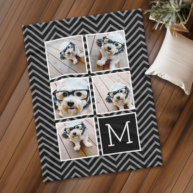 Couverture Polaire Carré noir blanc 5 Photo Collage Monogramme (Personalized fleece blanket with 5 photos and a monogram)