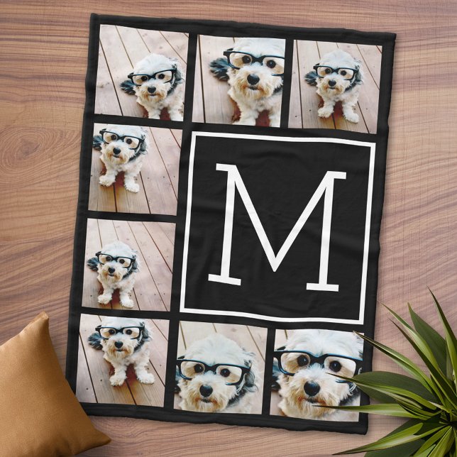Couverture Polaire Carré noir et blanc 8 Photo Collage Monogramme (Personalized Fleece Blanket - Add Photos and Text or Customize completely in advanced design area)