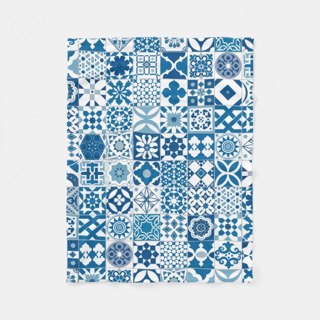 Couverture Polaire Carreau marocain - bleu et blanc (Devant)