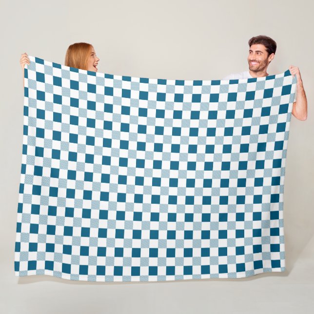 Couverture Polaire Carreaux Bleu Océan Et Blanc (En situation)