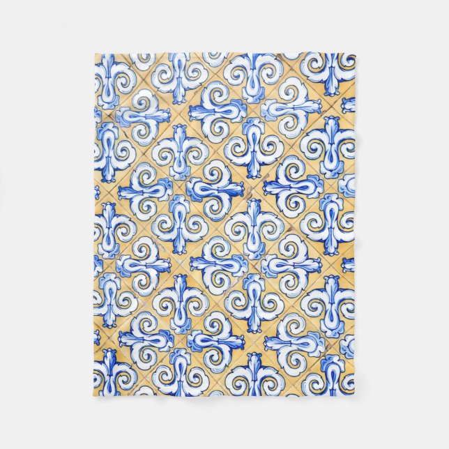 Couverture Polaire Carreaux espagnols - Azulejo Bleu, Jaune et Blanc (Devant)