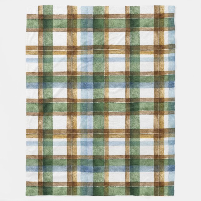 Couverture Polaire Carreaux Vert Marron Bleu Rayures (Devant)