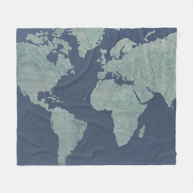 Couverture Polaire Carte du monde du lin bleu (Devant (Horizontal))