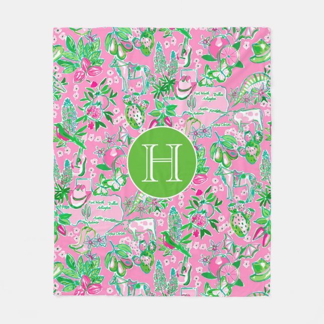 Couverture Polaire Carte Texas Pink & Green Preppy Motif Monogramme (Devant)