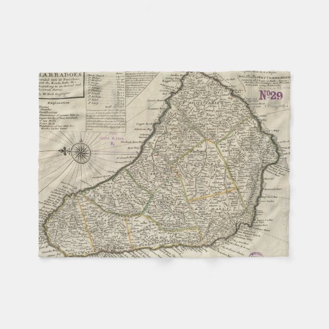 Couverture Polaire Carte Vintage de la Barbade (1736) (Devant (Horizontal))