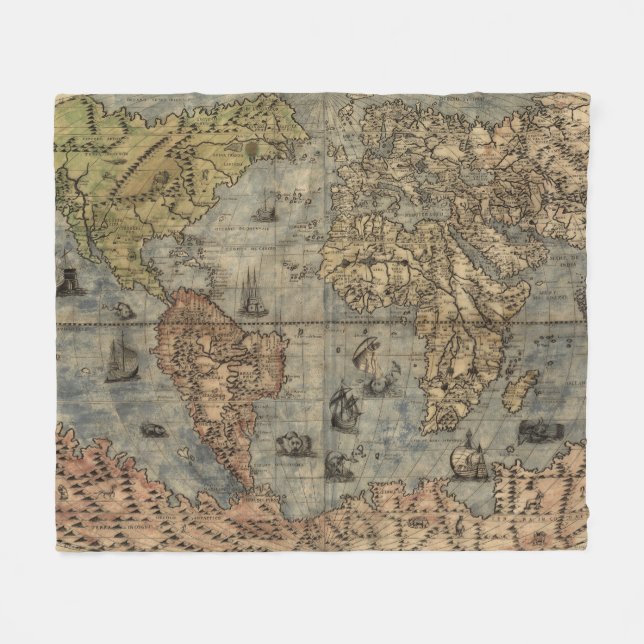 Couverture Polaire Carte vintage du monde (1565) (Devant (Horizontal))