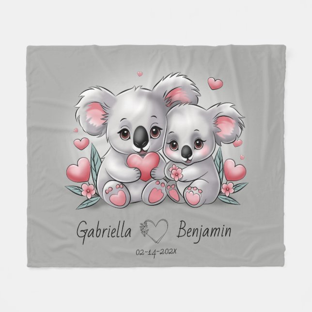 Couverture Polaire Cartoon Cute Koala Les amoureux du coeur Saint Val (Devant (Horizontal))