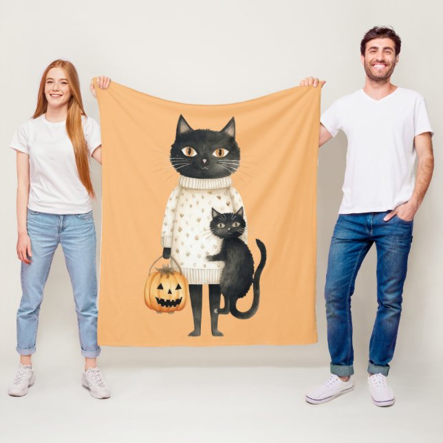 Couverture Polaire Cat noir et blanc Citrouille Halloween (En situation)