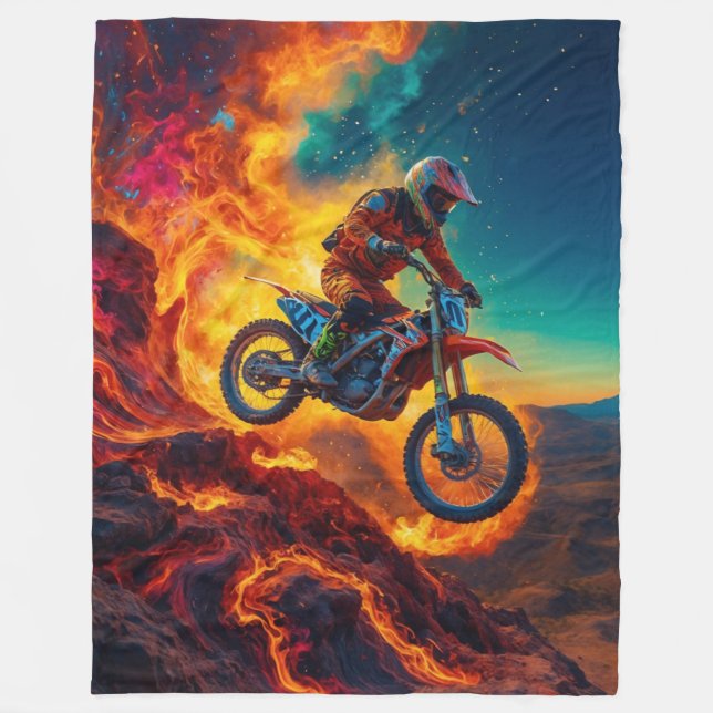 Couverture Polaire Cavalier de motocross échappant aux flammes (Devant)