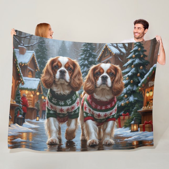 Couverture Polaire Cavalier King Charles Spaniel Chiens Noël Neige  (En situation)