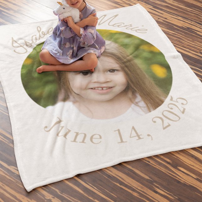 Couverture Polaire Cercle centré et script (Fleece blanket with ivory base, circle photo center, script name above, and curved date below.)