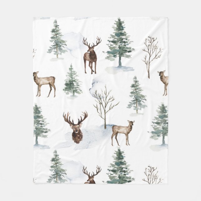 Couverture Polaire Cerfs de Noël et arbres d'hiver motif (Devant)