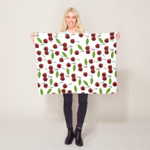 Couverture Polaire Cerise Rouge, Motif De Cerises, Feuilles, Fruits
