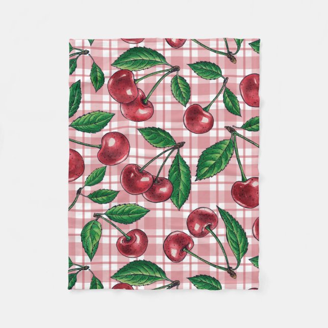 Couverture Polaire Cerises rouges sur en vichy rose (Devant)