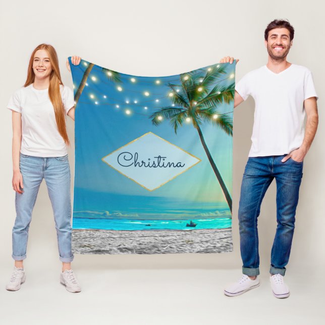 Couverture Polaire Chaîne de plage tropicale allume les palmiers Nom  (En situation)