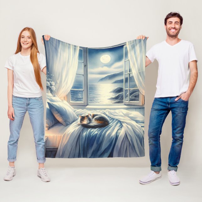 Couverture Polaire Chambre côtière au clair de lune avec chat endormi (En situation)