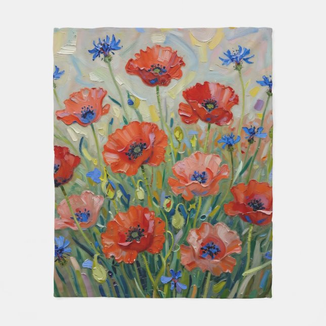 Couverture Polaire Champ de Coquelicots Rouges Impressionniste (Devant)