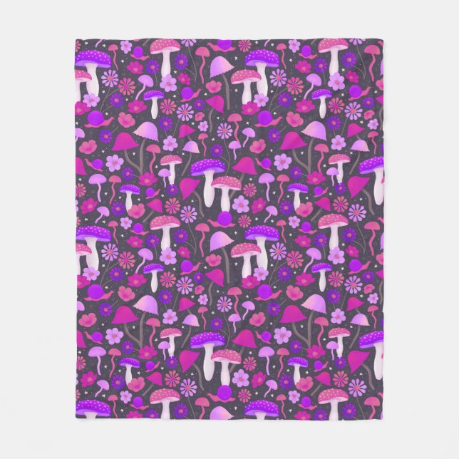 Couverture Polaire Champignons rétro mignons Trippy violet, rose et n (Devant)