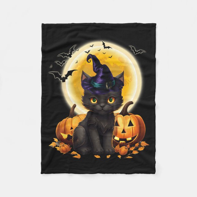 Couverture Polaire Chapeau de sorcière chat citrouille lune chat noir (Devant)
