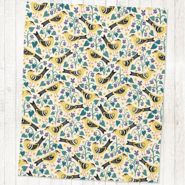 Couverture Polaire Chardonneret jaune et fleur d'oiseau de violette d (Willow Goldfinch bird wood violet flower arts and crafts block print style fleece blanket)
