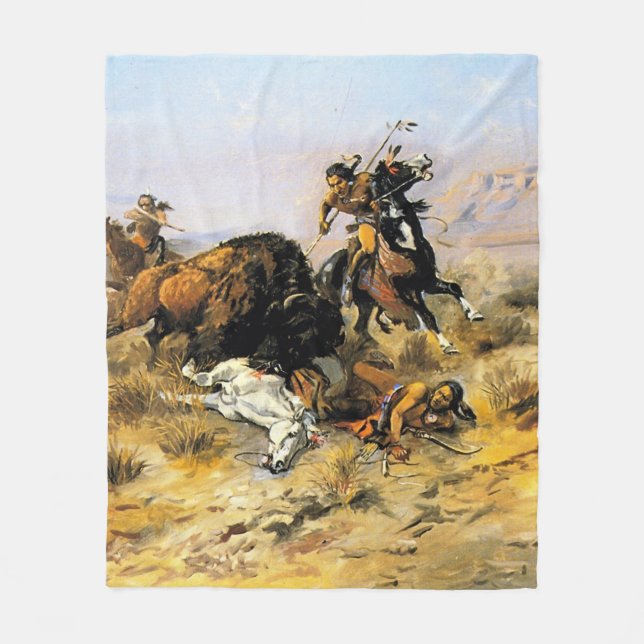 Couverture Polaire « Chasse aux bisons » Cowboy Art de Charles Russel (Devant)