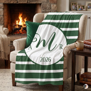Couverture Polaire Chasseur vert rayé personnalisé avec monogramme et