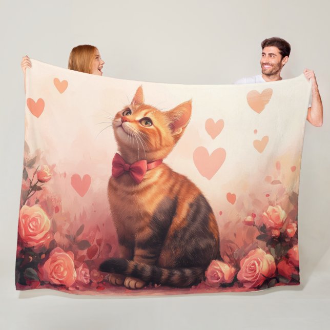 Couverture Polaire Chat Abyssin avec des Roses - Saint-Valentin (En situation)