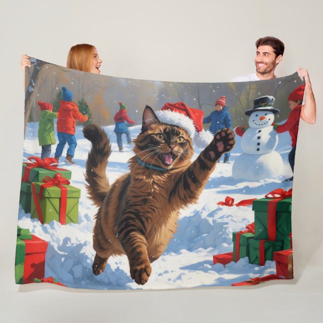Couverture Polaire Chat abyssin Scène de neige festive de Noël (En situation)
