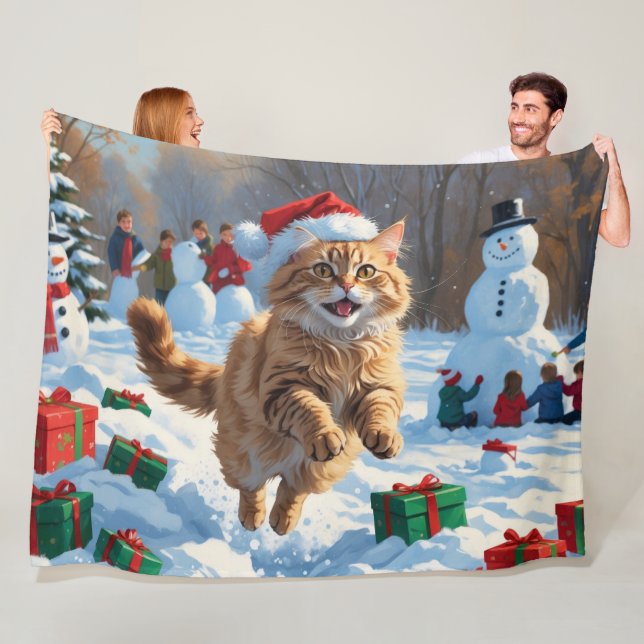 Couverture Polaire Chat Angora Turc courant dans la neige avec un cha (En situation)