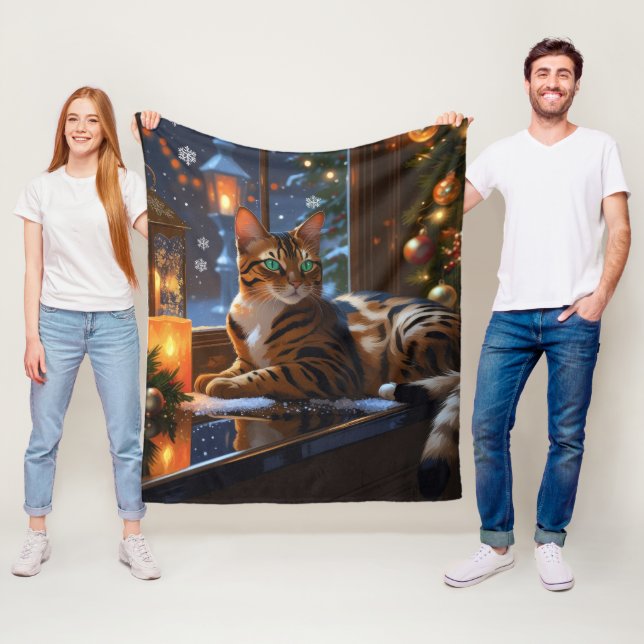 Couverture Polaire Chat Bengal Avec Lumières De Noël Vacances (En situation)