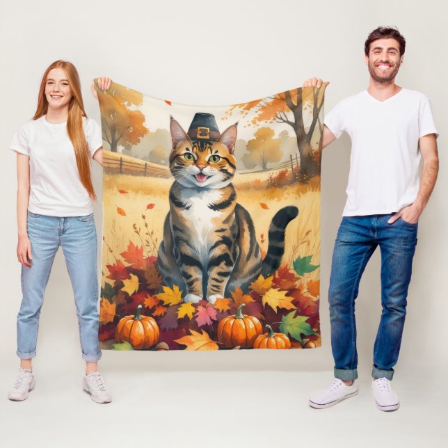 Couverture Polaire Chat Bengal dans l'art de Thanksgiving aux feuille (En situation)