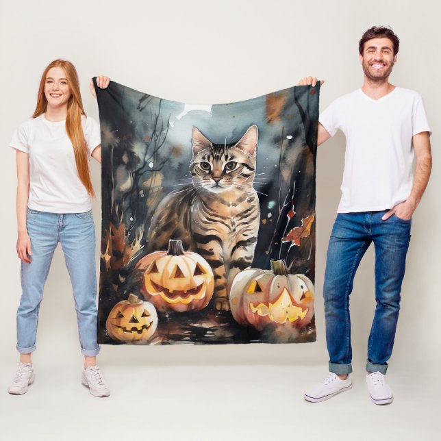 Couverture Polaire Chat Bengal Halloween Avec Citrouilles Effrayant (En situation)