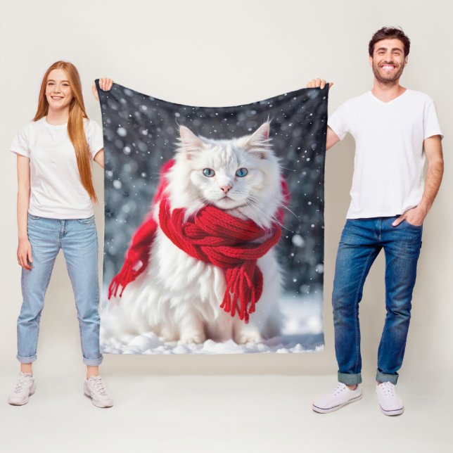 Couverture Polaire Chat blanc avec Écharpe rouge d'hiver (En situation)