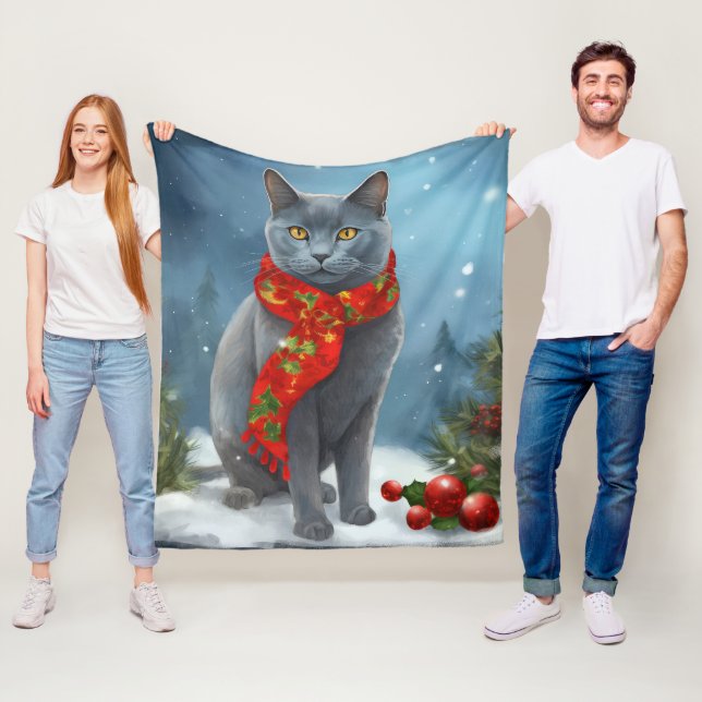 Couverture Polaire Chat Bleu Russe à Noël sous la neige (En situation)