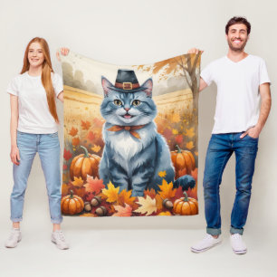 Couverture Polaire Chat Bleu Russe  Art de feuilles d'automne de Than