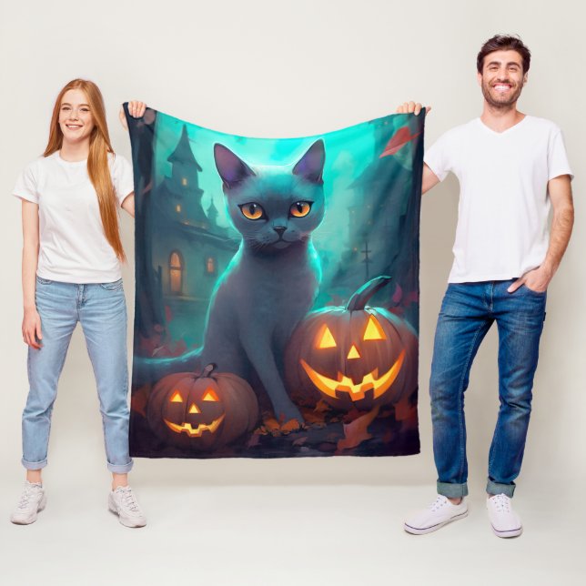 Couverture Polaire Chat bleu russe d'Halloween avec la peur Citrouill (En situation)
