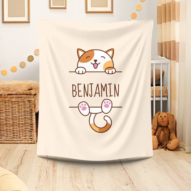 Couverture Polaire Chat Calico gai Pékin Nom personnalisé Beige (Créateur téléchargé)