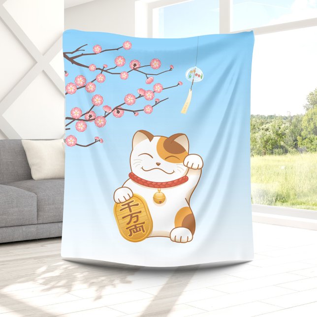 Couverture Polaire Chat Calico Lucky Japonais, Maneki Neko (Créateur téléchargé)