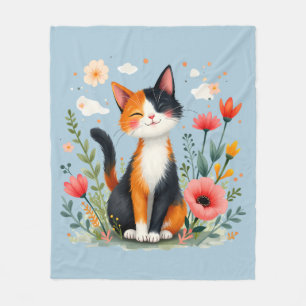 Couverture Polaire Chat calicot souriant dans un jardin fleuri