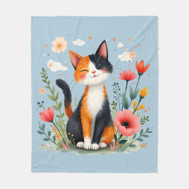 Couverture Polaire Chat calicot souriant dans un jardin fleuri (Devant)