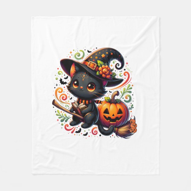 Couverture Polaire Chat chauve Chat Noir Sorcière Casquette Citrouill (Devant)