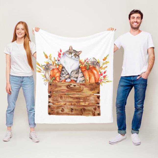 Couverture Polaire Chat d'automne et citrouilles dans une boîte  (En situation)