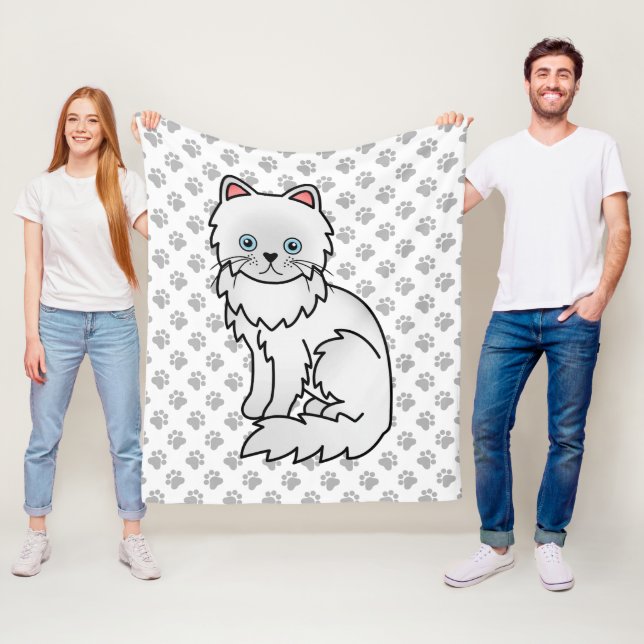 Couverture Polaire Chat de dessin animé persan blanc mignon & emprein (En situation)