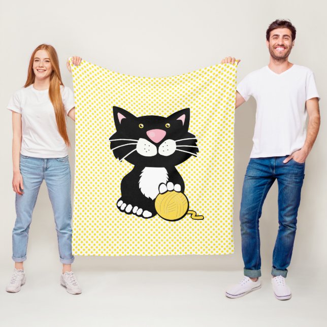 Couverture Polaire Chat de dessin sur Polka Dot Fleece Blanche (En situation)