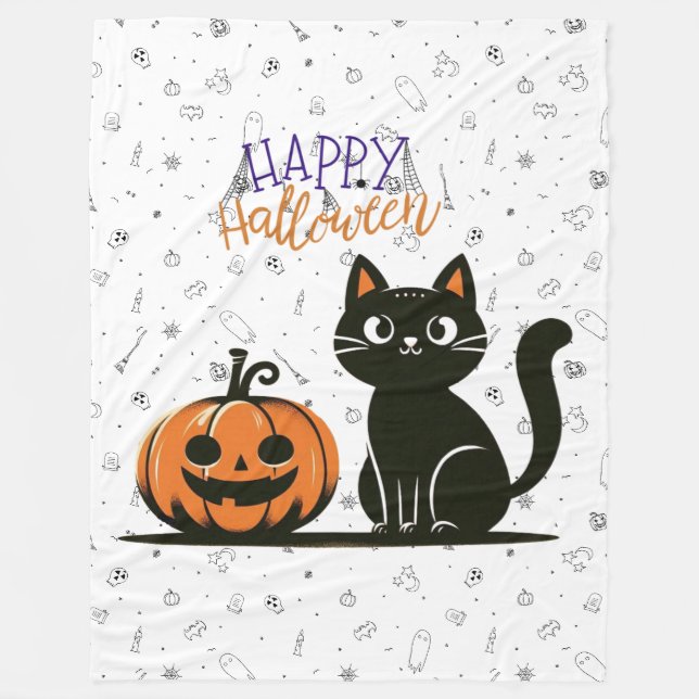 Couverture Polaire Chat de Halloween heureux & citrouille (Devant)