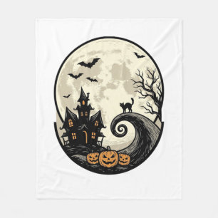 Couverture Polaire Chat de Halloween Vintage Maison Hantée Lune Vecte