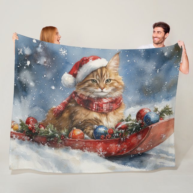 Couverture Polaire Chat de Maine Coon en sledge Laisser neiger Noël (En situation)