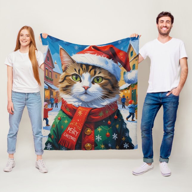 Couverture Polaire Chat de Noël à Santa Hat (En situation)